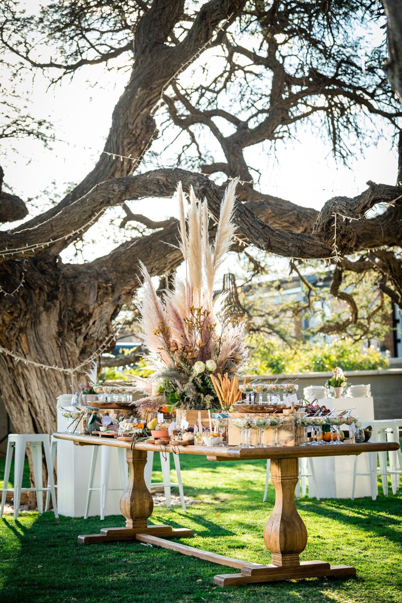 Grazing table with pampas grass styling for a bespoke event
