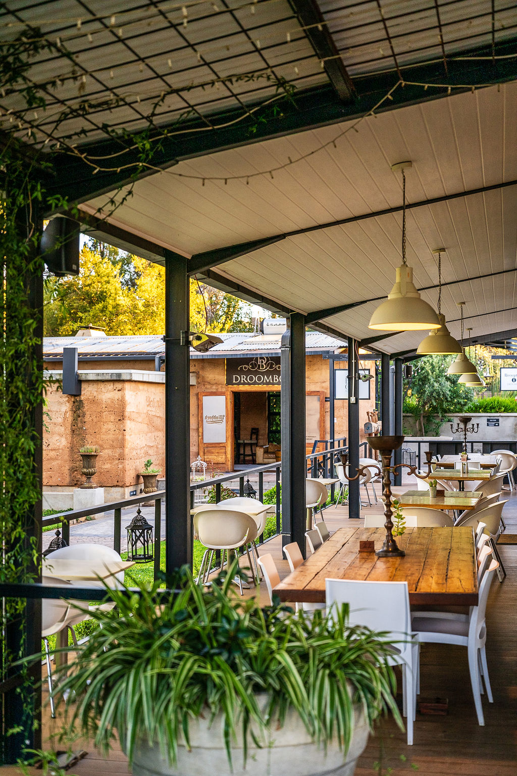 Covered outdoor terrace at Droombos Birdcage Restaurant with wooden tables, pendant lights and garden views. Ideal for alfresco dining.