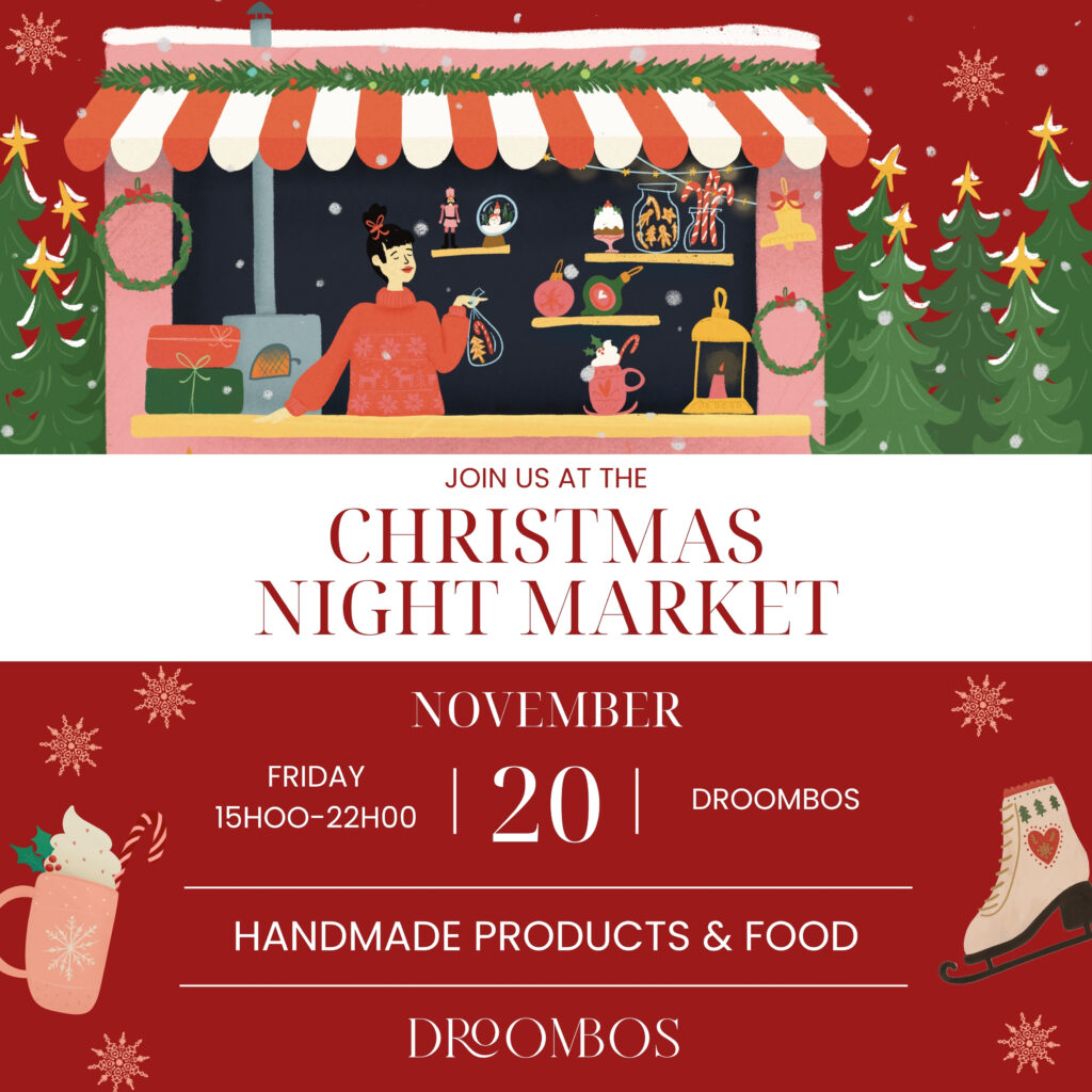 Droombos Christmas Night Market poster, Friday 20 November 2026, 15:00 to 22:00, handmade products and food