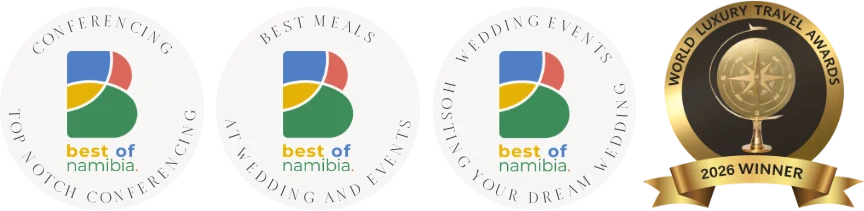 Best of Namibia awards for conferencing, best meals at weddings and events and wedding events, and World Luxury Travel Awards 2026 winner