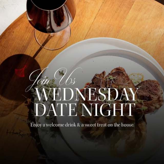 Wednesday Date Night at Droombos: red wine and a plated dinner, with a welcome drink and sweet treat on the house